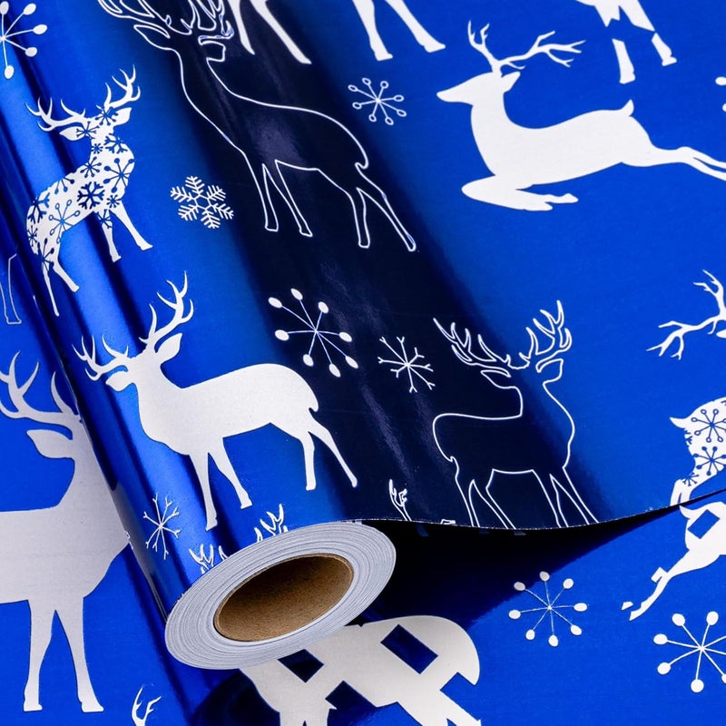 MAYPLUSS Christmas Wrapping Paper Roll - Mini Roll - 17.3 Inch X 32.8 Feet - Christmas Blue Elk Design (47.3 sq.ft.ttl) - Image 1